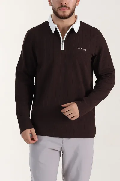 Kahverengi Relaxed Fit Jakarlı Kumaş Yazı Detay Polo Yaka Erkek Sweatshirt 399379