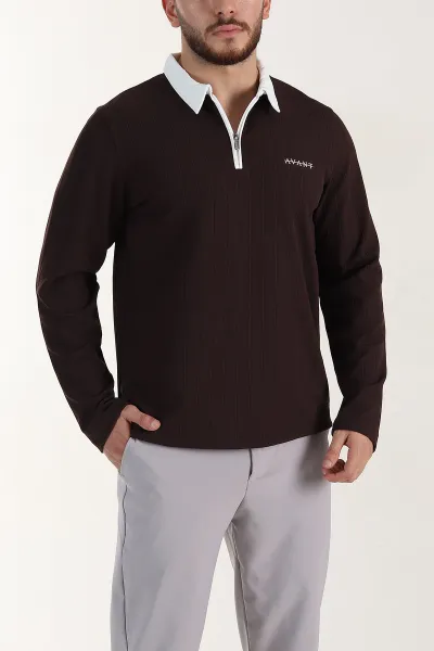 kahverengi-relaxed-fit-jakarli-kumas-yazi-detay-polo-yaka-erkek-sweatshirt-399379