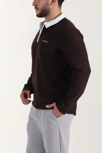 Kahverengi Relaxed Fit Jakarlı Kumaş Yazı Detay Polo Yaka Erkek Sweatshirt 399379