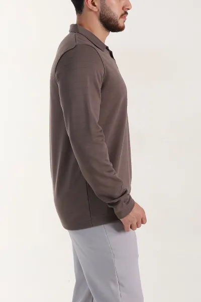 Kahverengi Relaxed Fit Jakarlı Kumaş Yazı Detaylı Polo Yaka Erkek Sweatshirt 399448