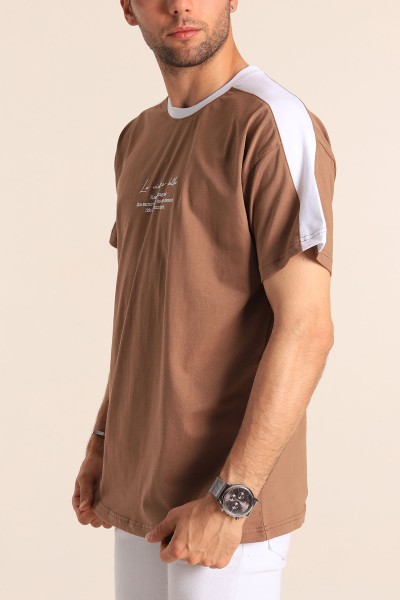 Kahverengi Relaxed Fit Kabartma Slogan Baskılı Erkek Tişört 186584