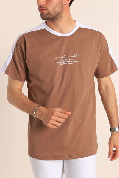 Kahverengi Relaxed Fit Kabartma Slogan Baskılı Erkek Tişört 186584