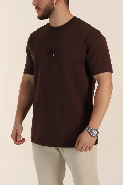 Kahverengi Relaxed Fit Kabartma Yazı Detaylı Erkek Tişört 358495