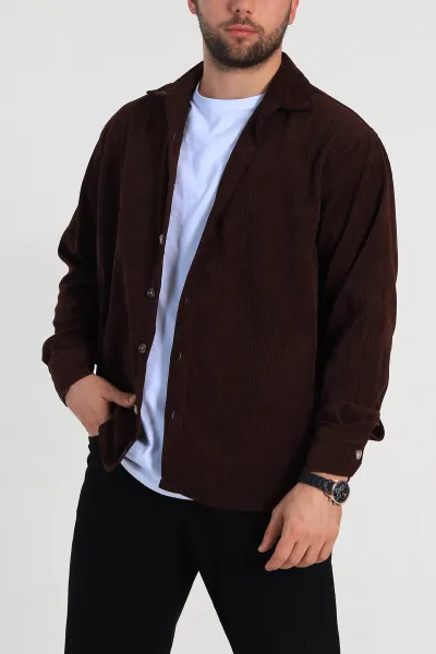 Kahverengi Relaxed Fit Kadife Erkek Gömlek 314708