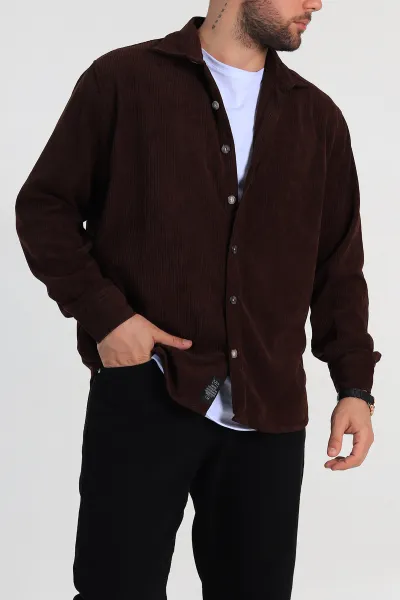 Kahverengi Relaxed Fit Kadife Erkek Gömlek 314708