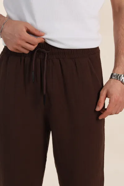 Kahverengi Relaxed Fit Kalın Müslin Keten Erkek Jogger Eşofman Altı 354106