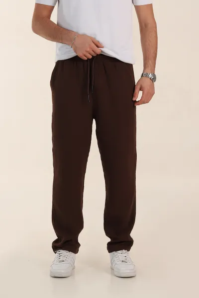 Kahverengi Relaxed Fit Kalın Müslin Keten Erkek Jogger Eşofman Altı 354106