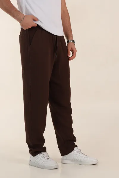 Kahverengi Relaxed Fit Kalın Müslin Keten Erkek Jogger Eşofman Altı 354106
