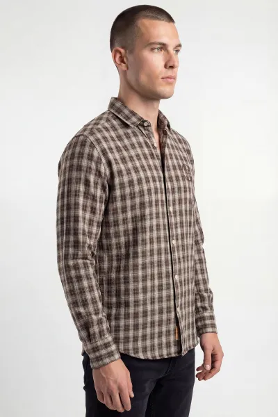 Kahverengi Relaxed Fit Kare Desen Erkek Gömlek 435776