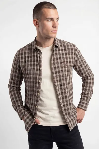 Kahverengi Relaxed Fit Kare Desen Erkek Gömlek 435776