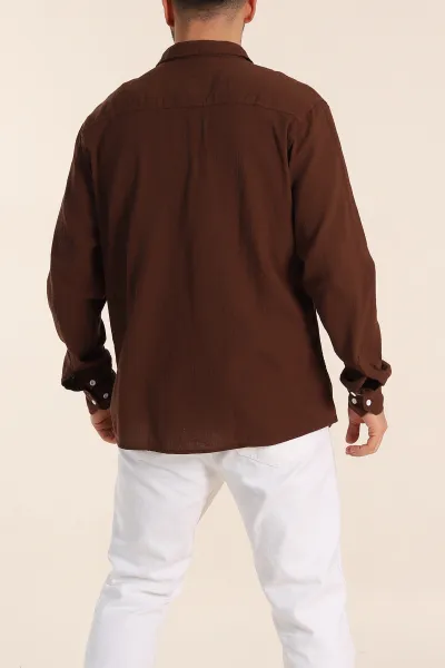 Kahverengi Relaxed Fit Keten Ata Yaka Erkek Gömlek 339166