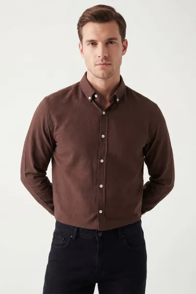 Kahverengi Relaxed Fit Keten Ata Yaka Erkek Gömlek 435843