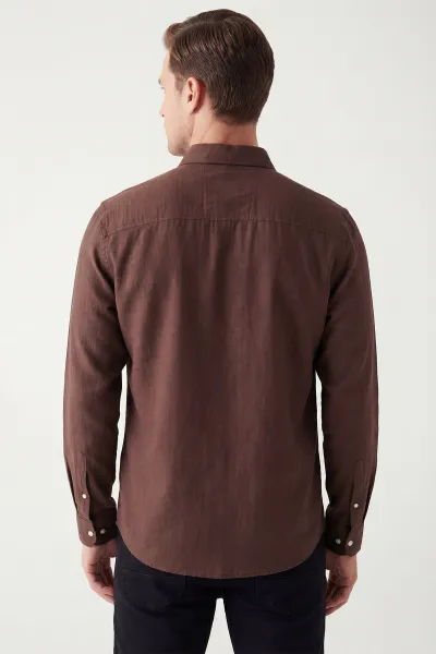 Kahverengi Relaxed Fit Keten Ata Yaka Erkek Gömlek 435843