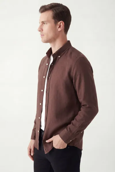 Kahverengi Relaxed Fit Keten Ata Yaka Erkek Gömlek 435843