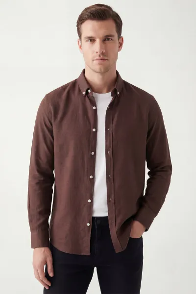Kahverengi Relaxed Fit Keten Ata Yaka Erkek Gömlek 435843