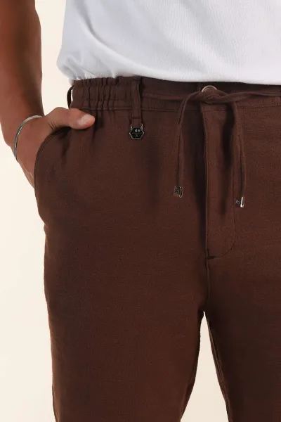 Kahverengi Relaxed Fit Keten Bel Lastikli Erkek Jogger Pantolon 380915