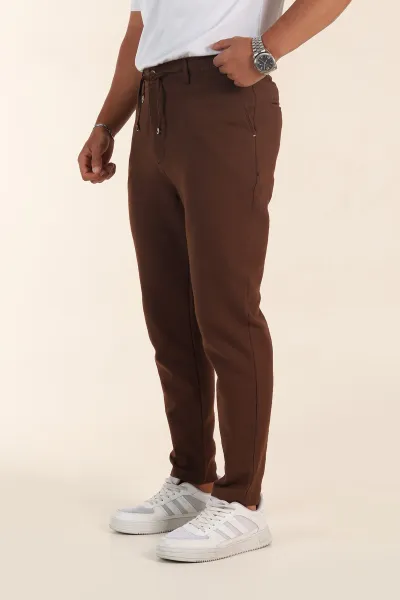 Kahverengi Relaxed Fit Keten Bel Lastikli Erkek Jogger Pantolon 380915