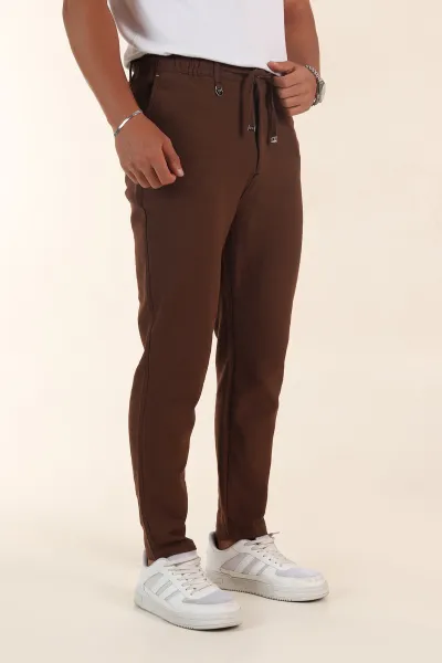 Kahverengi Relaxed Fit Keten Bel Lastikli Erkek Jogger Pantolon 380915