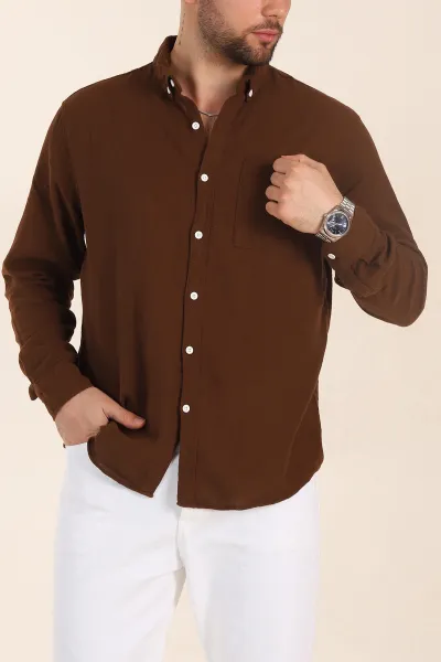 kahverengi-relaxed-fit-keten-cep-detayli-erkek-gomlek-356973
