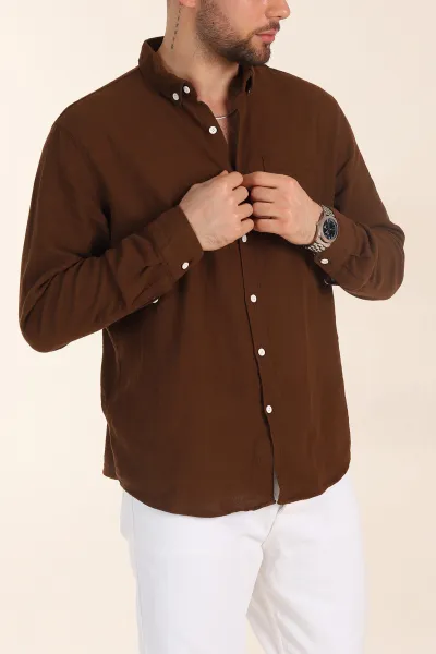 Kahverengi Relaxed Fit Keten Cep Detaylı Erkek Gömlek 356973