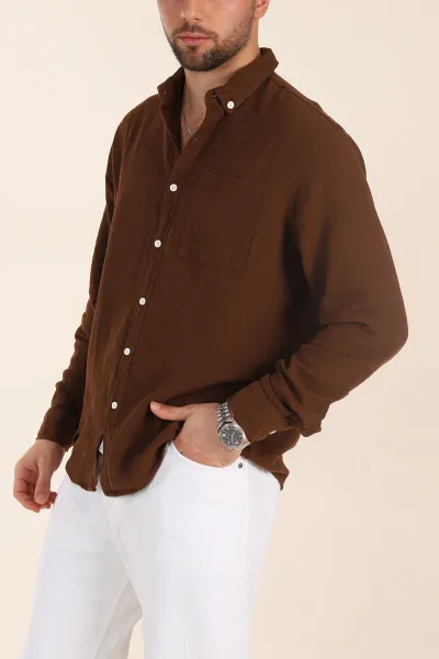 Kahverengi Relaxed Fit Keten Cep Detaylı Erkek Gömlek 356973