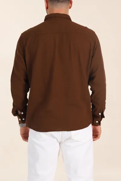 Kahverengi Relaxed Fit Keten Cep Detaylı Erkek Gömlek 356973