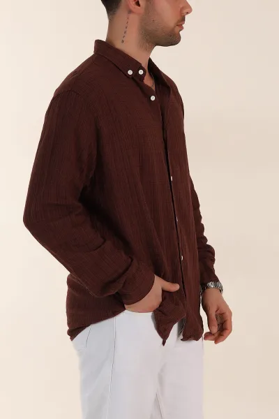 Kahverengi Relaxed Fit Keten Kare Dokulu Ata Yaka Erkek Gömlek 360614