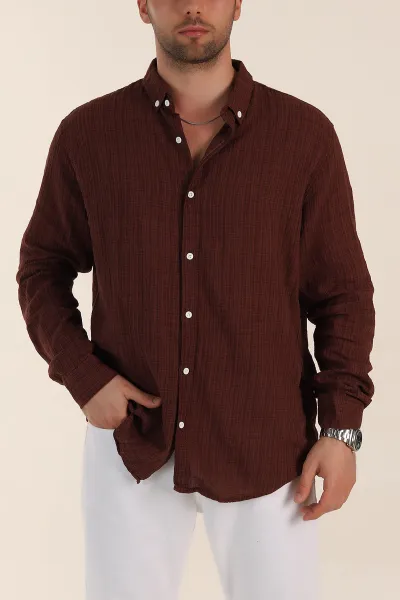 Kahverengi Relaxed Fit Keten Kare Dokulu Ata Yaka Erkek Gömlek 360614