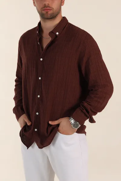 kahverengi-relaxed-fit-keten-kare-dokulu-ata-yaka-erkek-gomlek-360614