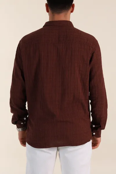 Kahverengi Relaxed Fit Keten Kare Dokulu Ata Yaka Erkek Gömlek 360614