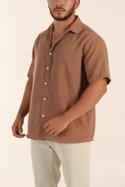 Kahverengi Relaxed Fit Keten Kısa Kollu Erkek Gömlek 376972