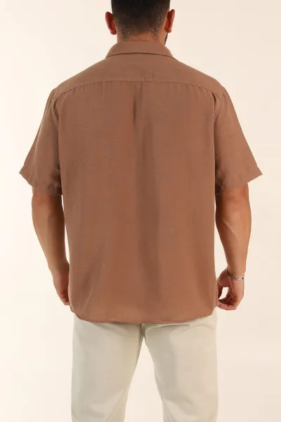 Kahverengi Relaxed Fit Keten Kısa Kollu Erkek Gömlek 376972