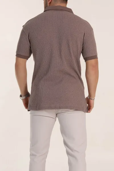 Kahverengi Relaxed Fit Mikro Delikli Fermuarlı Polo Yaka Erkek Tişört 352004