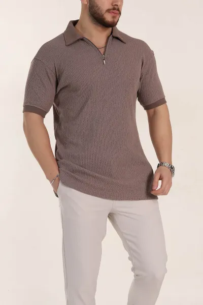 Kahverengi Relaxed Fit Mikro Delikli Fermuarlı Polo Yaka Erkek Tişört 352004