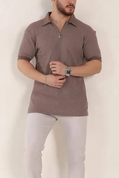 kahverengi-relaxed-fit-mikro-delikli-fermuarli-polo-yaka-erkek-tisort-352004