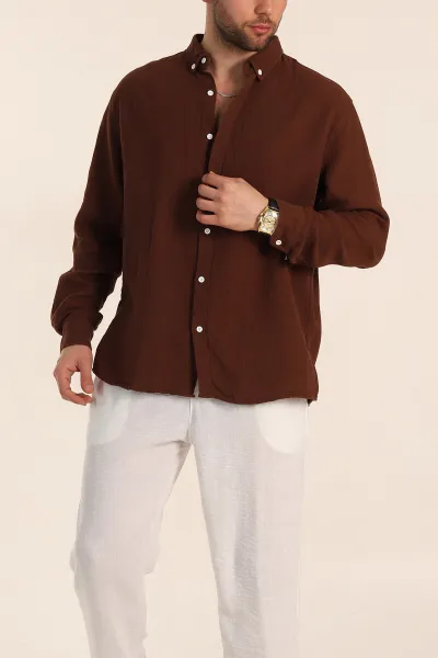 Kahverengi Relaxed Fit Müslin Keten Ata Yaka Erkek Gömlek 339156