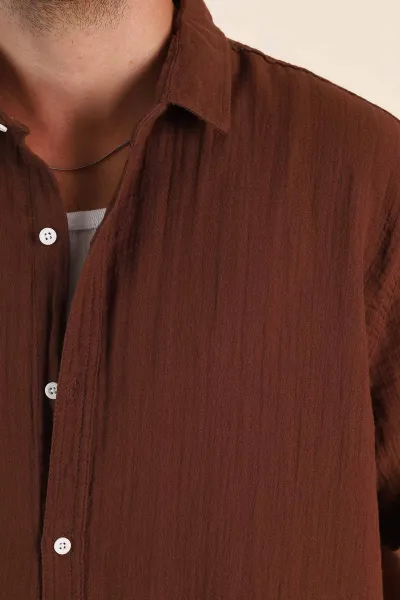 Kahverengi Relaxed Fit Müslin Keten Kısa Kollu Erkek Gömlek 376946