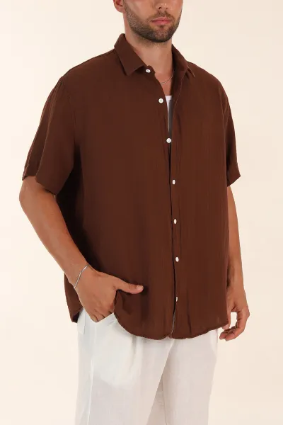 kahverengi-relaxed-fit-muslin-keten-kisa-kollu-erkek-gomlek-376946