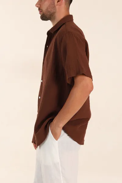 Kahverengi Relaxed Fit Müslin Keten Kısa Kollu Erkek Gömlek 376946