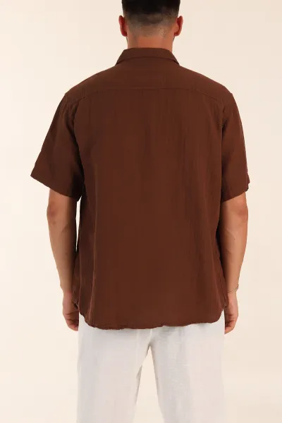 Kahverengi Relaxed Fit Müslin Keten Kısa Kollu Erkek Gömlek 376946