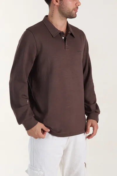 Kahverengi Relaxed Fit Oysho Kumaş Düğmeli Polo Yaka Erkek Sweatshirt 399523