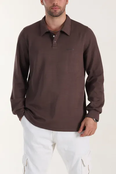 kahverengi-relaxed-fit-oysho-kumas-dugmeli-polo-yaka-erkek-sweatshirt-399523