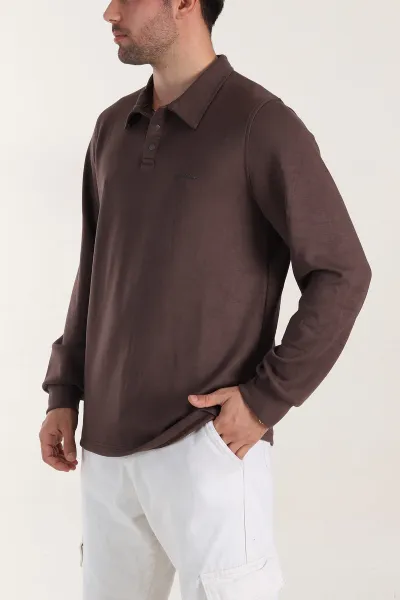 Kahverengi Relaxed Fit Oysho Kumaş Düğmeli Polo Yaka Erkek Sweatshirt 399523