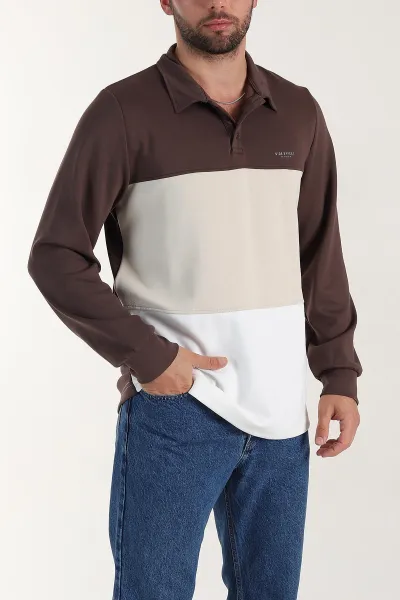 Kahverengi Relaxed Fit Oysho Kumaş Üç Renkli Polo Yaka Sweatshirt 399543