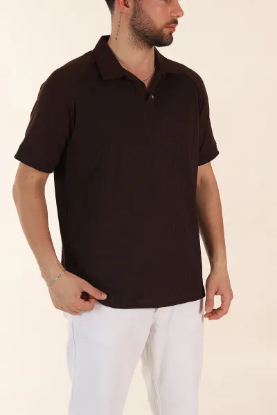 Kahverengi Relaxed Fit Petek Dokulu Patlı Polo Yaka Erkek Tişört 370255