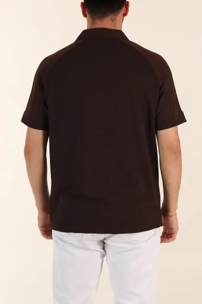 Kahverengi Relaxed Fit Petek Dokulu Patlı Polo Yaka Erkek Tişört 370255