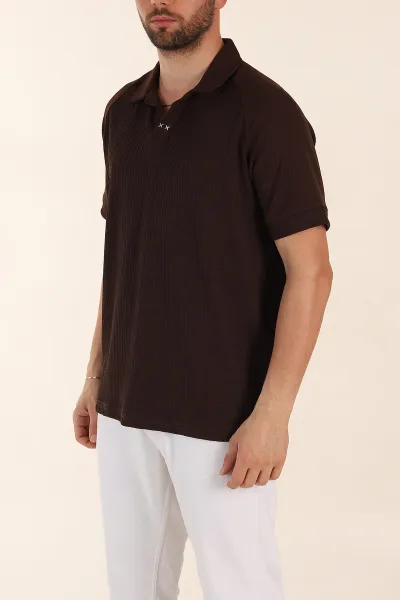 Kahverengi Relaxed Fit Petek Dokulu Patlı Polo Yaka Erkek Tişört 370255