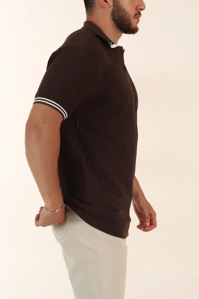 Kahverengi Relaxed Fit Petek Dokulu Patlı Polo Yaka Erkek Tişört 370260