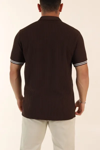 Kahverengi Relaxed Fit Petek Dokulu Patlı Polo Yaka Erkek Tişört 370260