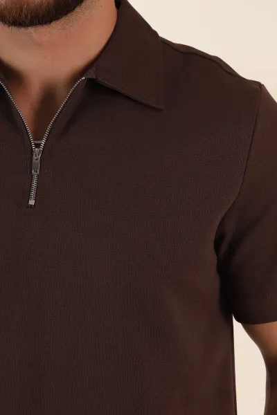 Kahverengi Relaxed Fit Pike Doku Fermuarlı Polo Yaka Erkek Tişört 368378